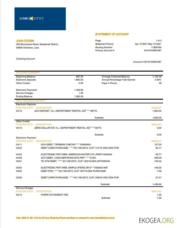 Modèle de relevé bancaire LCNB du Laos au format Word et PDF